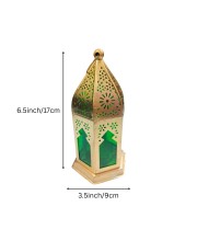 Moroccan Style Gold Lantern with Green Glass – Decorative Metal Candle Holder for Ramadan, Eid, Weddings, Home Decor & Parties – Vintage Hanging Lantern.