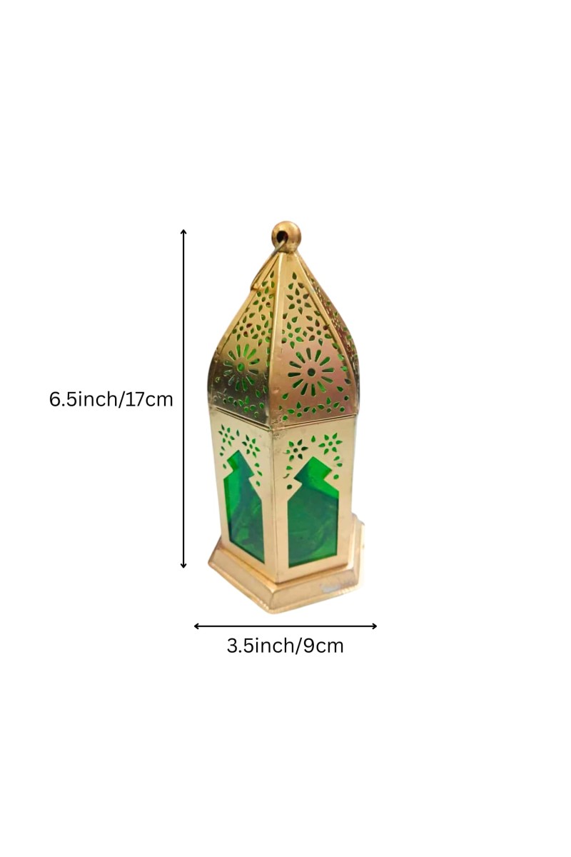 Moroccan Style Gold Lantern with Green Glass – Decorative Metal Candle Holder for Ramadan, Eid, Weddings, Home Decor & Parties – Vintage Hanging Lantern.