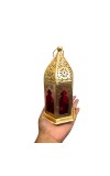 Moroccan Style Gold Lantern with Green Glass – Decorative Metal Candle Holder for Ramadan, Eid, Weddings, Home Decor & Parties – Vintage Hanging Lantern. (Red)