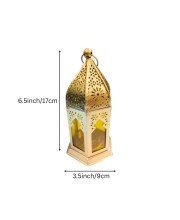 Moroccan Style Gold Lantern with Green Glass – Decorative Metal Candle Holder for Ramadan, Eid, Weddings, Home Decor & Parties – Vintage Hanging Lantern. (Yellow)