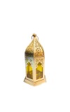 Moroccan Style Gold Lantern with Green Glass – Decorative Metal Candle Holder for Ramadan, Eid, Weddings, Home Decor & Parties – Vintage Hanging Lantern. (Yellow)