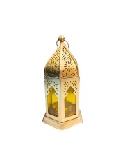 Moroccan Style Gold Lantern with Green Glass – Decorative Metal Candle Holder for Ramadan, Eid, Weddings, Home Decor & Parties – Vintage Hanging Lantern. (Yellow)
