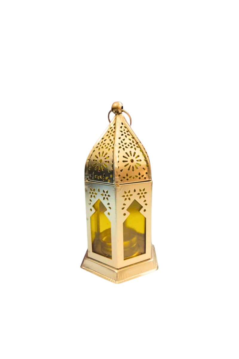 Moroccan Style Gold Lantern with Green Glass – Decorative Metal Candle Holder for Ramadan, Eid, Weddings, Home Decor & Parties – Vintage Hanging Lantern. (Yellow)