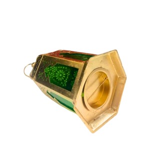Moroccan Style Gold Lantern with Green Glass – Decorative Metal Candle Holder for Ramadan, Eid, Weddings, Home Decor & Parties – Vintage Hanging Lantern.
