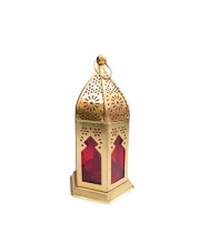 Moroccan Style Gold Lantern with Green Glass – Decorative Metal Candle Holder for Ramadan, Eid, Weddings, Home Decor & Parties – Vintage Hanging Lantern. (Red)