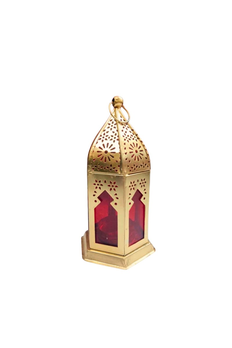 Moroccan Style Gold Lantern with Green Glass – Decorative Metal Candle Holder for Ramadan, Eid, Weddings, Home Decor & Parties – Vintage Hanging Lantern. (Red)