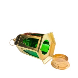 Moroccan Style Gold Lantern with Green Glass – Decorative Metal Candle Holder for Ramadan, Eid, Weddings, Home Decor & Parties – Vintage Hanging Lantern.