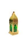 Moroccan Style Gold Lantern with Green Glass – Decorative Metal Candle Holder for Ramadan, Eid, Weddings, Home Decor & Parties – Vintage Hanging Lantern.