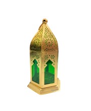 Moroccan Style Gold Lantern with Green Glass – Decorative Metal Candle Holder for Ramadan, Eid, Weddings, Home Decor & Parties – Vintage Hanging Lantern.