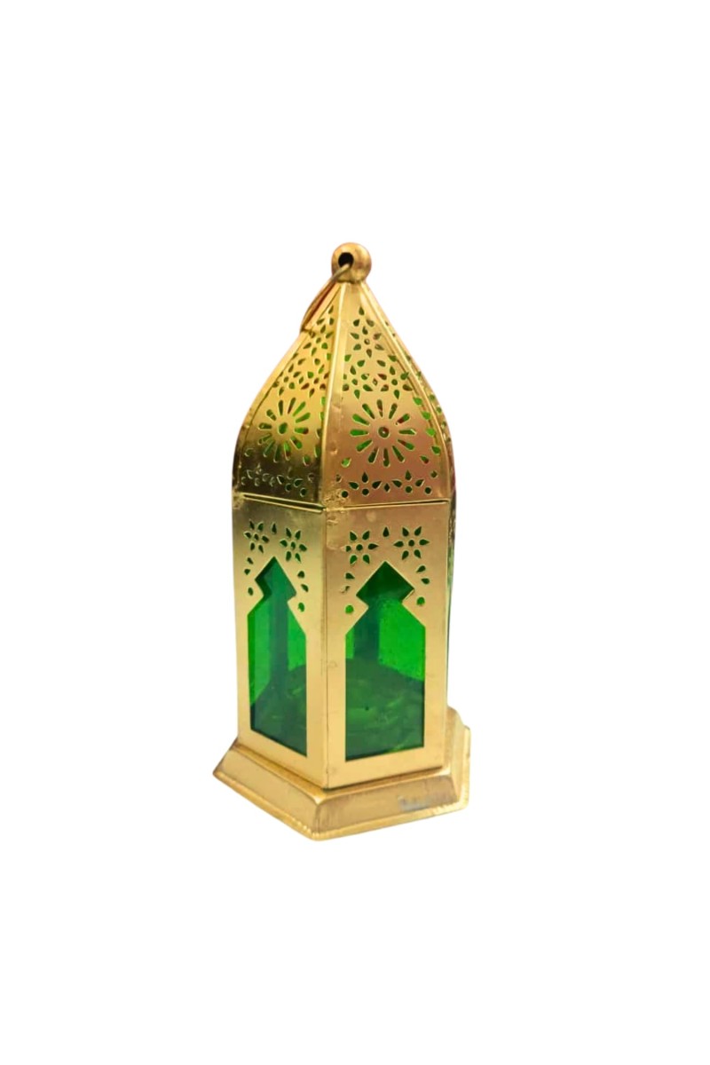 Moroccan Style Gold Lantern with Green Glass – Decorative Metal Candle Holder for Ramadan, Eid, Weddings, Home Decor & Parties – Vintage Hanging Lantern.