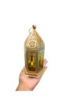 Moroccan Style Gold Lantern with Green Glass – Decorative Metal Candle Holder for Ramadan, Eid, Weddings, Home Decor & Parties – Vintage Hanging Lantern. (Yellow)