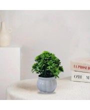 HiTechMart Artificial Green Bush Plant in White Ceramic Vase – Lifelike Faux Desk & Tabletop Plant for Home, Office & Indoor Decor
