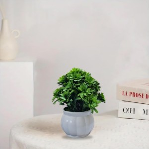 HiTechMart Artificial Green Bush Plant in White Ceramic Vase – Lifelike Faux Desk & Tabletop Plant for Home, Office & Indoor Decor