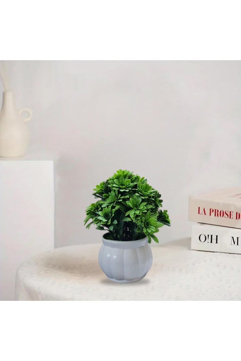 HiTechMart Artificial Green Bush Plant in White Ceramic Vase – Lifelike Faux Desk & Tabletop Plant for Home, Office & Indoor Decor