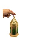 Moroccan Style Gold Lantern with Green Glass – Decorative Metal Candle Holder for Ramadan, Eid, Weddings, Home Decor & Parties – Vintage Hanging Lantern.