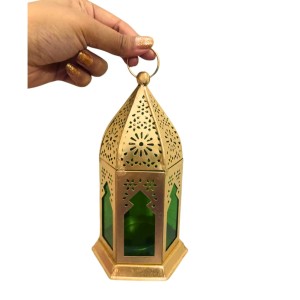 Moroccan Style Gold Lantern with Green Glass – Decorative Metal Candle Holder for Ramadan, Eid, Weddings, Home Decor & Parties – Vintage Hanging Lantern.