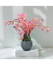 HiTechMart Artificial Pink Lily Flower Arrangement in Decorative Grey Pot – Elegant Faux Floral Plant for Home, Office, and Tabletop Décor – Realistic Silk Flowers, No Maintenance Required