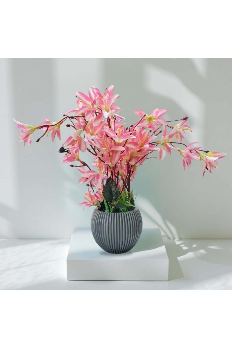 HiTechMart Artificial Pink Lily Flower Arrangement in Decorative Grey Pot – Elegant Faux Floral Plant for Home, Office, and Tabletop Décor – Realistic Silk Flowers, No Maintenance Required
