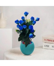 HiTechMart Artificial Blue Rose Bouquet with Decorative Vase – Elegant Faux Flowers for Home & Office Décor
