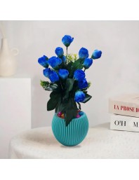 HiTechMart Artificial Blue Rose Bouquet with Decorative Vase – Elegant Faux Flowers for Home & Office Décor