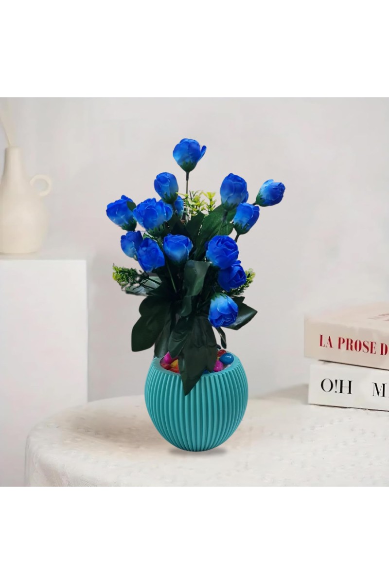 HiTechMart Artificial Blue Rose Bouquet with Decorative Vase – Elegant Faux Flowers for Home & Office Décor