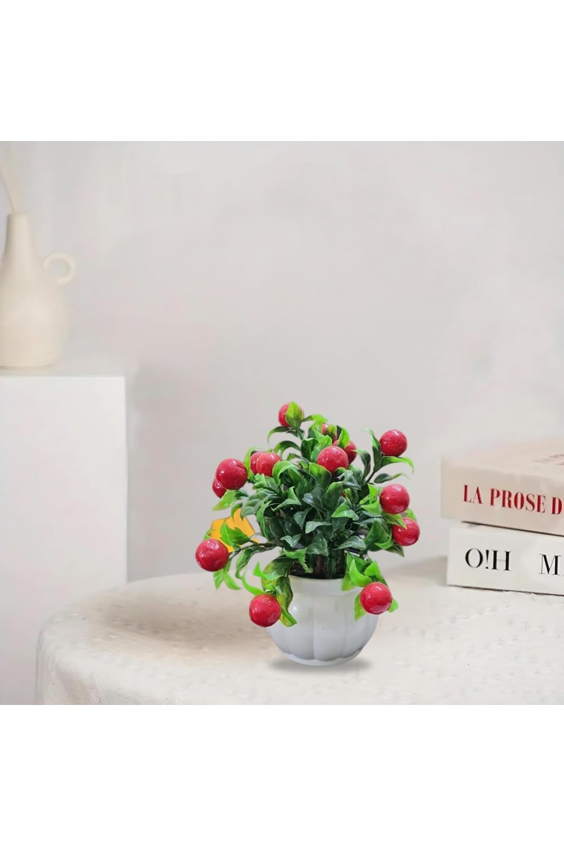 HiTechMart Artificial Cherry Fruit Plant in White Pot – Lifelike Decorative Faux Greenery for Home & Office Décor, Small Tabletop Indoor Plant