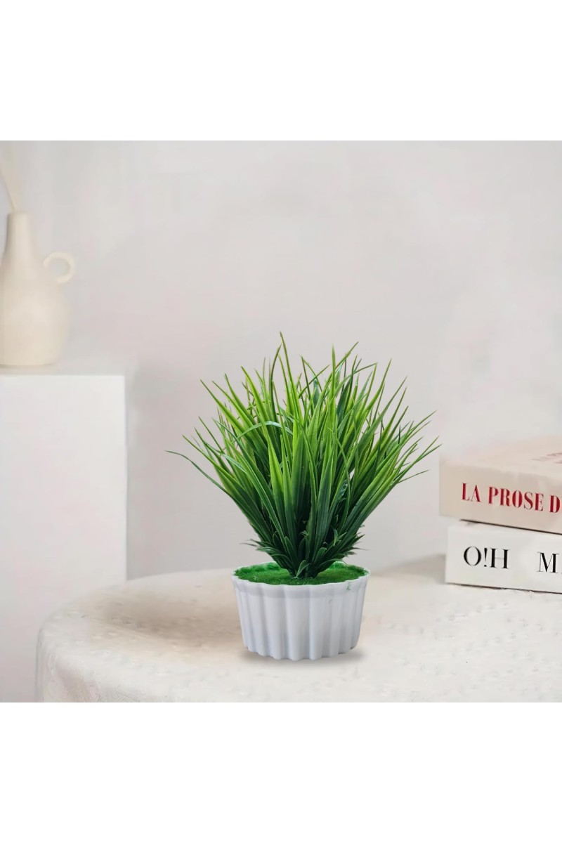 HiTechMart Artificial Grass Plant in White Ceramic Pot – Realistic Faux Greenery for Home & Office Décor