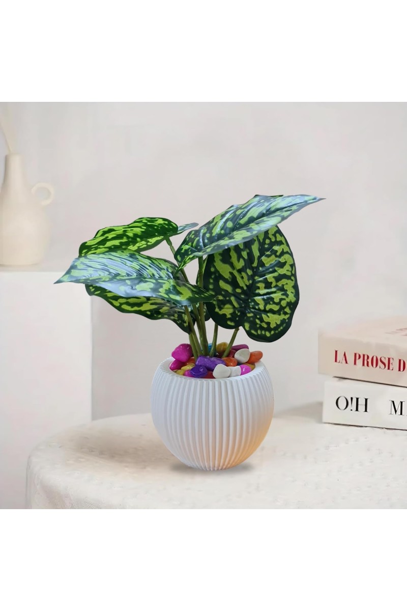 HiTechMart Artificial Green Leaf Plant in White Vase – Lifelike Faux Decorative Plant with Colorful Pebbles – Home, Office & Indoor Décor Accent (White)