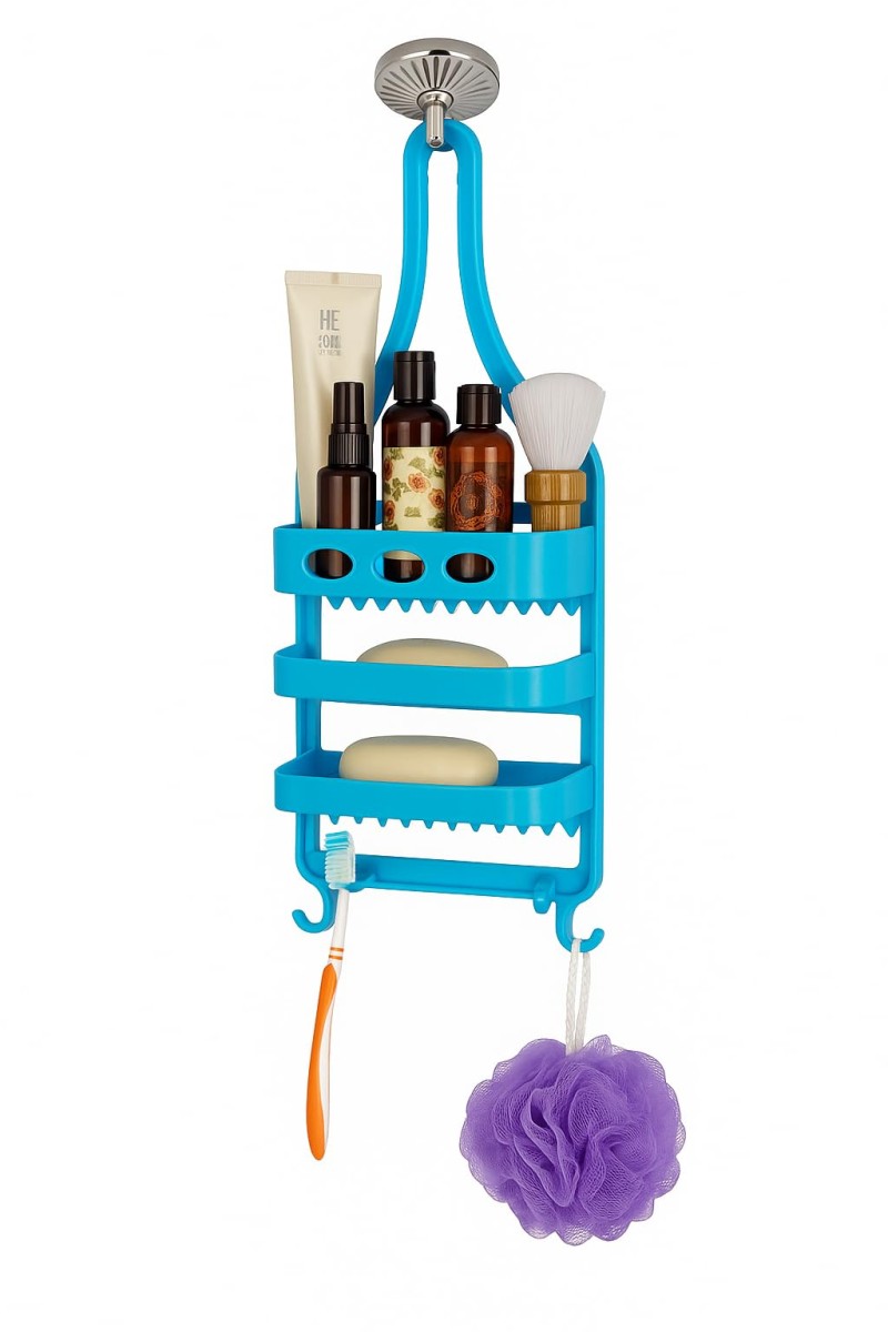 Plastic Hanging Shower Caddy – 3-Tier Bathroom Storage Organizer Rack for Toiletries & Essentials (Blue)