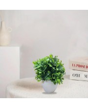 HiTechMart Artificial Green Boxwood Plant in White Ceramic Vase – Realistic Faux Desk & Tabletop Plant for Home, Office & Indoor Décor