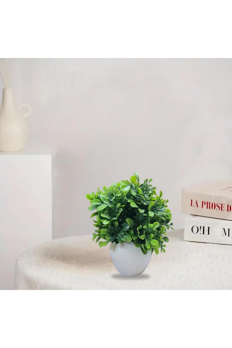 HiTechMart Artificial Green Boxwood Plant in White Ceramic Vase – Realistic Faux Desk & Tabletop Plant for Home, Office & Indoor Décor