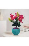 HiTechMart Artificial Flower Arrangement in Textured Blue Vase – Faux Pink Lily Bouquet with Decorative Stones for Home & Office Décor, Elegant Tabletop Floral Display