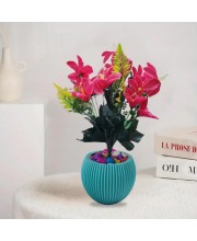 HiTechMart Artificial Flower Arrangement in Textured Blue Vase – Faux Pink Lily Bouquet with Decorative Stones for Home & Office Décor, Elegant Tabletop Floral Display