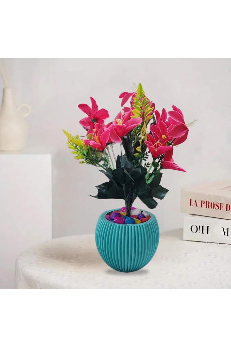 HiTechMart Artificial Flower Arrangement in Textured Blue Vase – Faux Pink Lily Bouquet with Decorative Stones for Home & Office Décor, Elegant Tabletop Floral Display