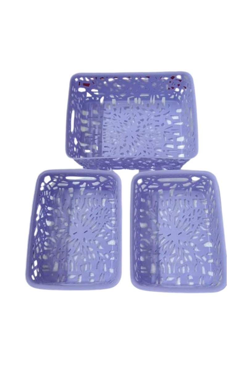 Plastic Storage Baskets Set of 3 – Decorative Organizer Bins with Cutout Design for Home, Office, Bathroom, or Kitchen – Durable & Lightweight – Purple