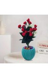 HiTechMart Artificial Red Rose Bouquet in Blue Vase – Faux Flower Arrangement with Decorative Stones for Home & Office Décor, Elegant Tabletop Floral Display