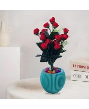 HiTechMart Artificial Red Rose Bouquet in Blue Vase – Faux Flower Arrangement with Decorative Stones for Home & Office Décor, Elegant Tabletop Floral Display