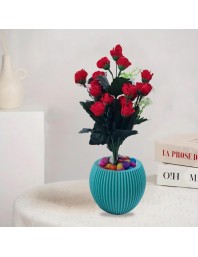 HiTechMart Artificial Red Rose Bouquet in Blue Vase – Faux Flower Arrangement with Decorative Stones for Home & Office Décor, Elegant Tabletop Floral Display
