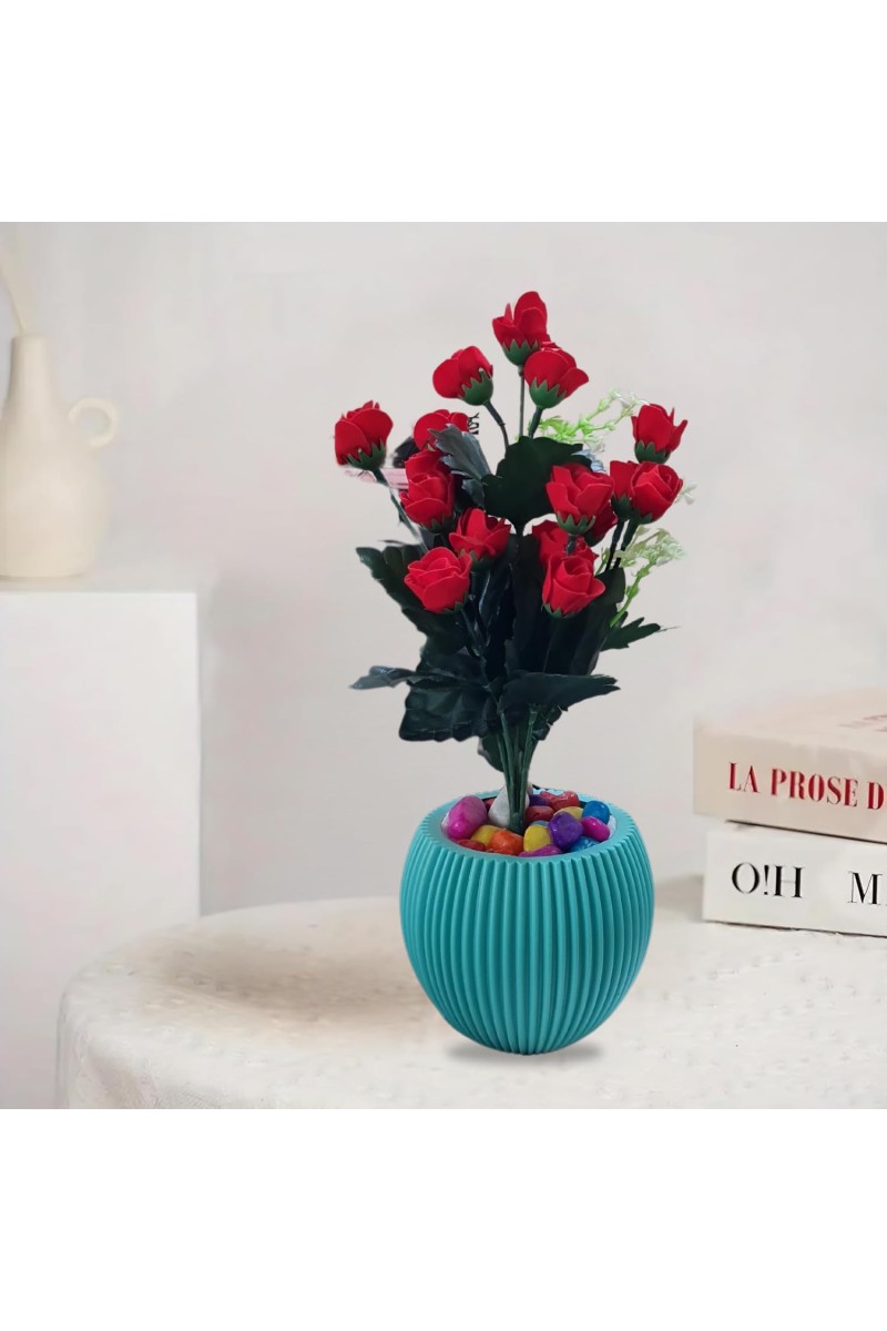 HiTechMart Artificial Red Rose Bouquet in Blue Vase – Faux Flower Arrangement with Decorative Stones for Home & Office Décor, Elegant Tabletop Floral Display