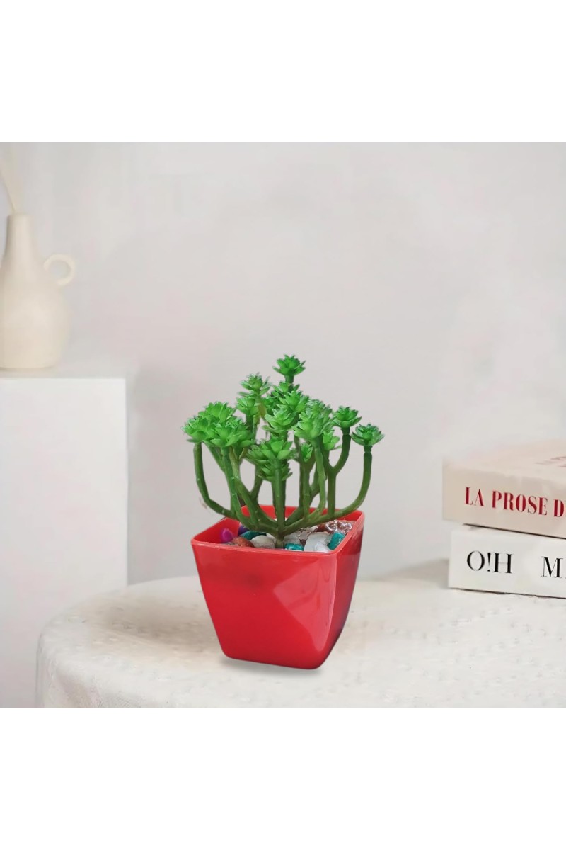 HiTechMart Artificial Succulent Plant in Red Pot – Lifelike Decorative Faux Greenery with Vibrant Pebbles for Home, Office, and Table Decor