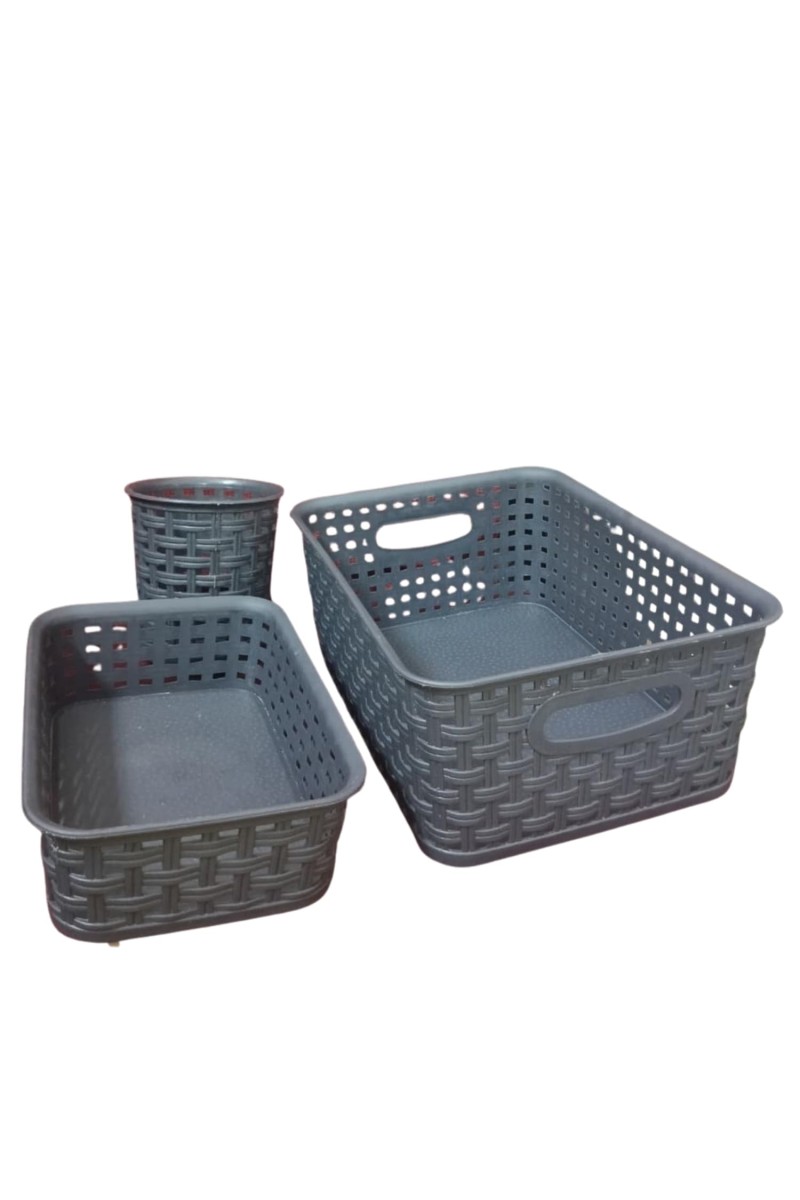 Grey Plastic Storage Basket, Durable Storage Container, Organizer Basket, Home Storage, Plastic Basket for Closet, Bathroom, Kitchen, Office combo (set of 3)