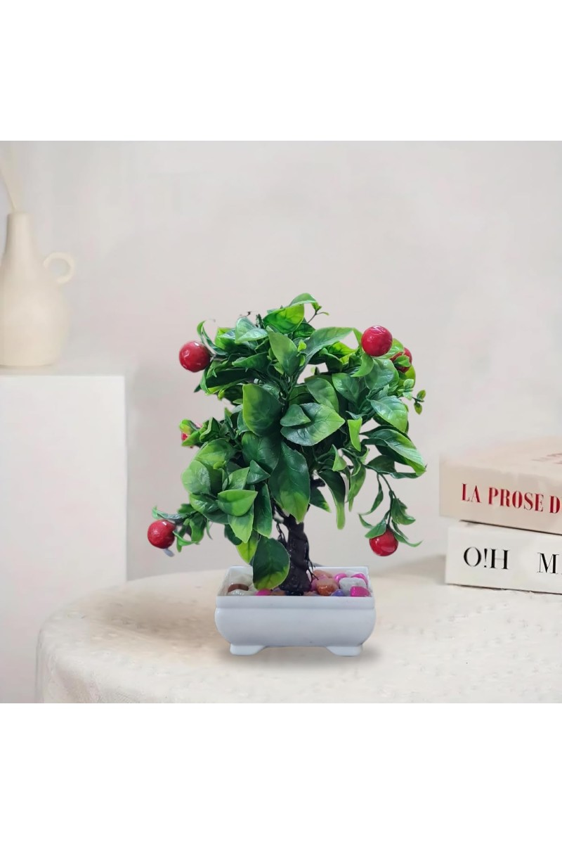 HiTechMart Artificial Bonsai Tree with Red Fruits – Lifelike Decorative Miniature Potted Plant for Home & Office Décor, Faux Greenery with Ceramic Planter