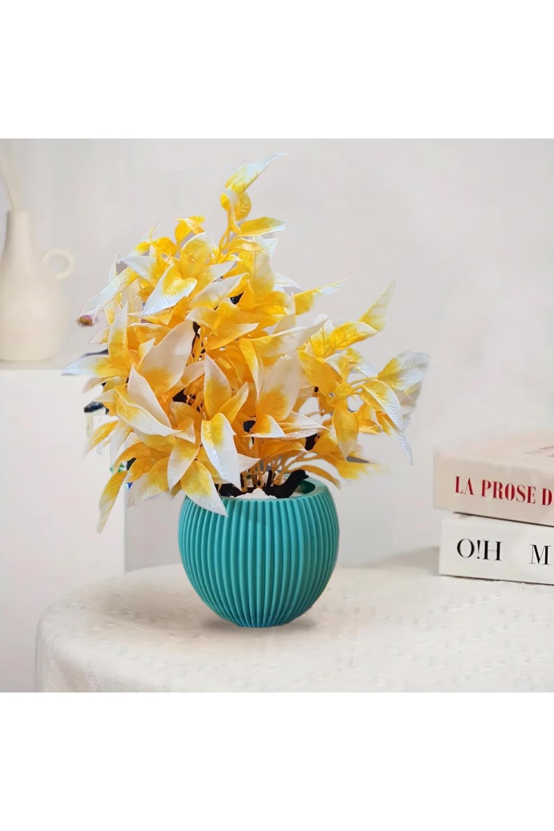 HiTechMart Artificial Yellow and White Leaf Plant in Pot – Lifelike Faux Decorative Indoor Plant for Home, Office, Tabletop, and Shelf Décor – Low Maintenance Realistic Potted Greenery