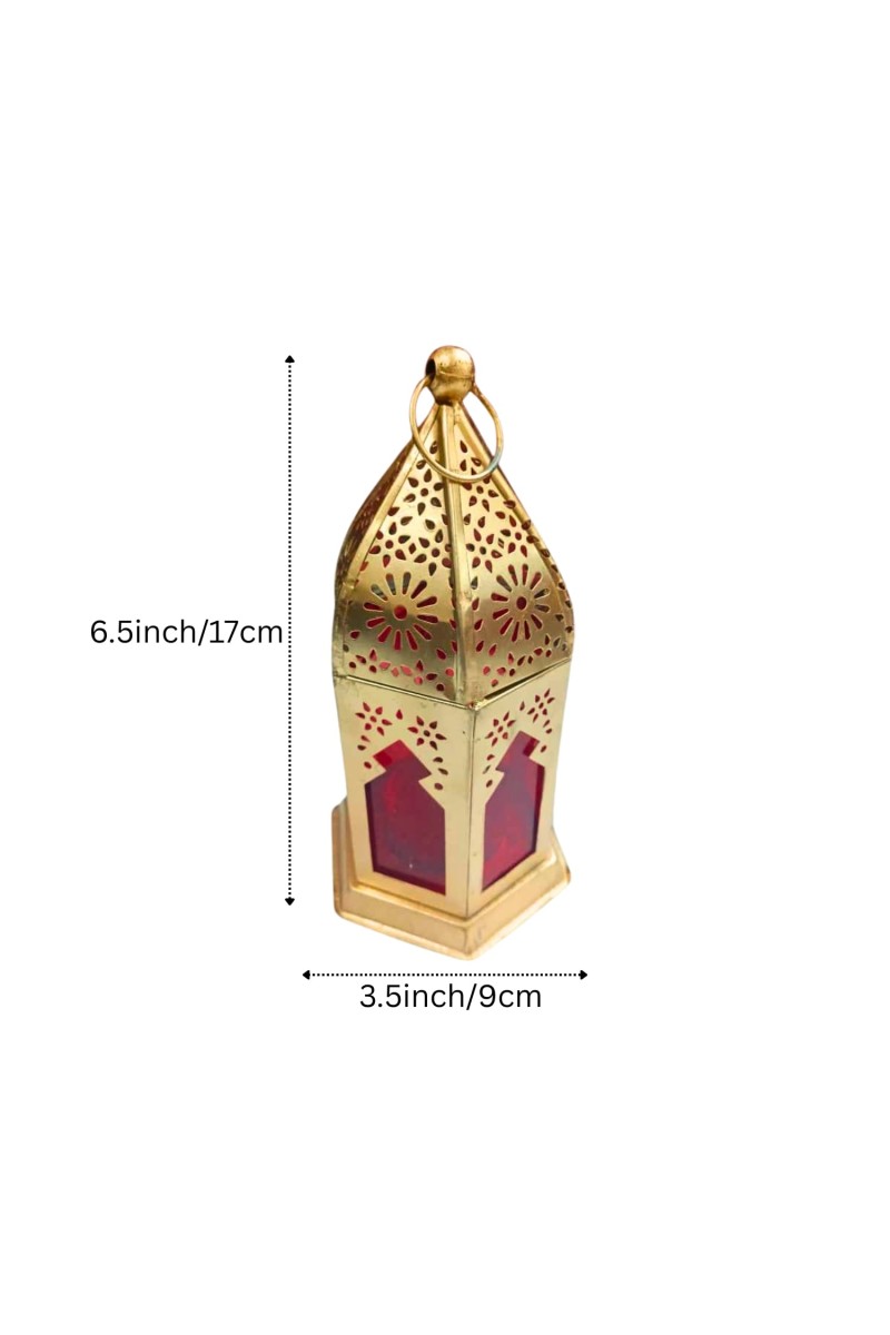 Moroccan Style Gold Lantern with Green Glass – Decorative Metal Candle Holder for Ramadan, Eid, Weddings, Home Decor & Parties – Vintage Hanging Lantern. (Red)