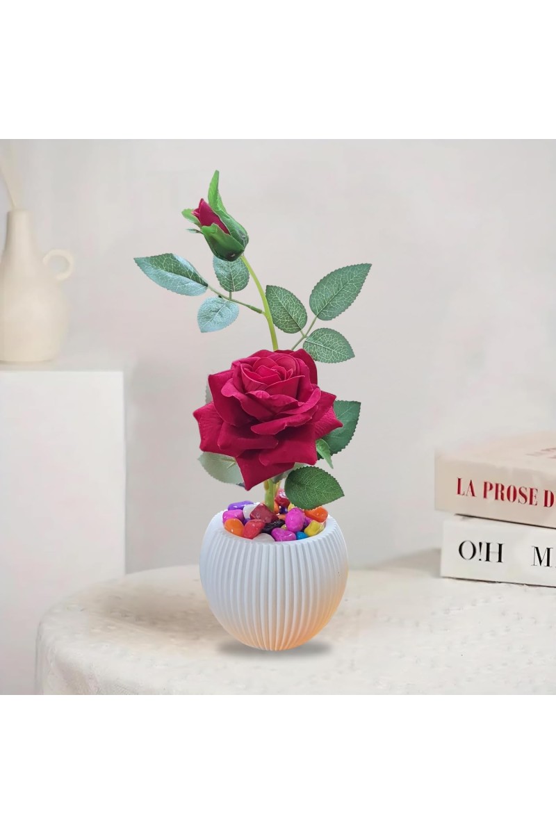 HiTechMart Artificial Rose Flower in White Vase – Realistic Faux Silk Rose with Decorative Pebbles – Home & Office Décor, Gift for Loved Ones