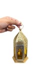 Moroccan Style Gold Lantern with Green Glass – Decorative Metal Candle Holder for Ramadan, Eid, Weddings, Home Decor & Parties – Vintage Hanging Lantern. (Yellow)