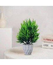 HiTechMart Artificial Green Plant with White Geometric Pot – Realistic Faux Decorative Shrub for Home, Office, and Indoor Décor – Low Maintenance Tabletop Plant for Modern & Minimalist Spaces