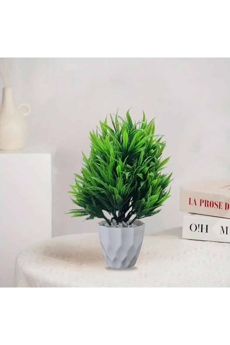 HiTechMart Artificial Green Plant with White Geometric Pot – Realistic Faux Decorative Shrub for Home, Office, and Indoor Décor – Low Maintenance Tabletop Plant for Modern & Minimalist Spaces