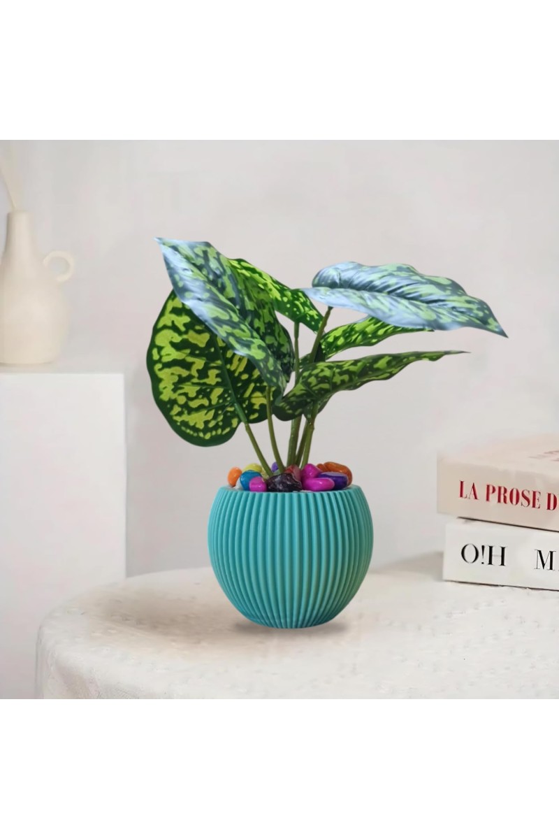 HiTechMart Artificial Green Leaf Plant in White Vase – Lifelike Faux Decorative Plant with Colorful Pebbles – Home, Office & Indoor Décor Accent (Blue)