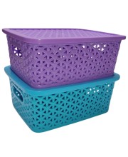 Hi Tech Sales Small Unbreakable Multipurpose Plastic Baskets with Lid for Fruit, Bathroom, Stationary, Home, Kitchen, Office (Rectangular, Color: Sky, Yellow) set of 2 (Violet)